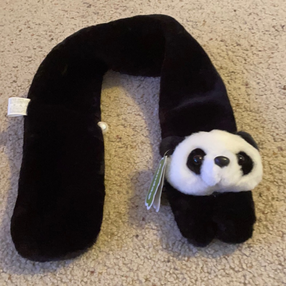 soft Panda head scarf for a child 29 inches long. panda plush stuffed head
